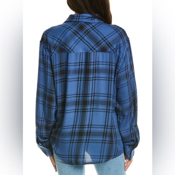 We Wore What Women's XXS/XS Boyfriend Plaid Button-Up Relaxed Shirt Blue/ Black - Picture 2 of 12